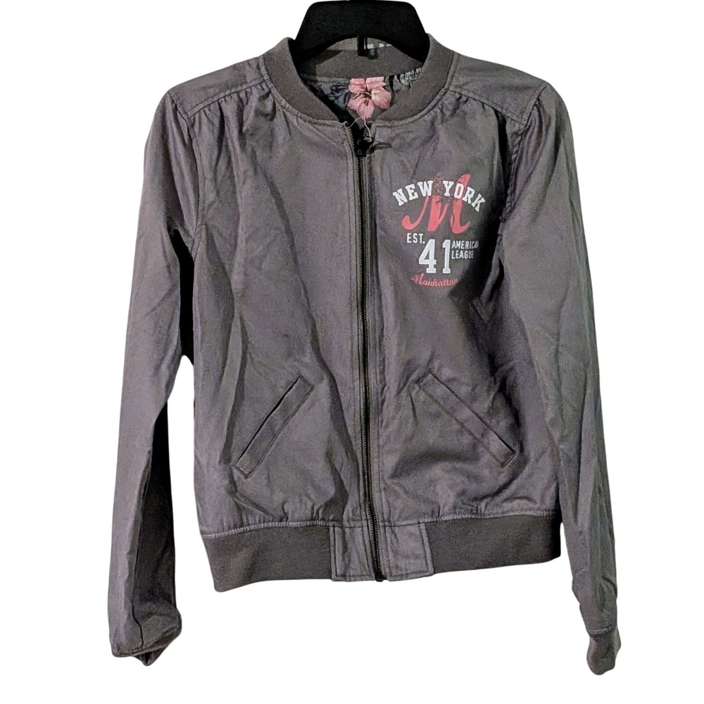 H&M Kids Gray Bomber Jacket New York Graphic Print Zip Up Size 14Y‎ NWT
